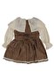 Girl's Ecru Brown Plaid Patterned Collared Scalloped Flower Embroidered Dress - 3