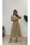 Women's Collar Piping Tie V-Neck Elastic Waist Sleeve Mouth Elastic Balloon Sleeve Long Dress - 4