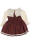 Girl's Ecru Red Plaid Patterned Collared Scalloped Flower Embroidered Dress - 3