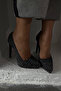 Deft Stone Detailed Black Denim Black 13 cm Women's Classic Platform Heeled Shoes - 4