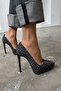 Deft Stone Detailed Black Denim Black 13 cm Women's Classic Platform Heeled Shoes - 7