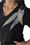 Women's Black V-Neck Leaf Patterned Sequin Embroidered 100% P Cotton T-Shirt - 7