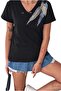 Women's Black V-Neck Leaf Patterned Sequin Embroidered 100% P Cotton T-Shirt - 6