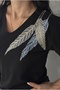 Women's Black V-Neck Leaf Patterned Sequin Embroidered 100% P Cotton T-Shirt - 5