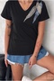 Women's Black V-Neck Leaf Patterned Sequin Embroidered 100% P Cotton T-Shirt - 8