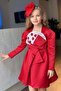 Girls' Square Neck, Chest Panel, Floral Asymmetrical Red Dress