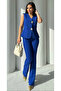 Women's Gold Buttoned Vest Trousers Suit Cobalt Blue - 3