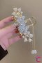 Gold Metal Women's Hairpin with Hanging Mother-Of-Pearl Flowers and Pearls, 11cm - Hairpin with Clasp - 3