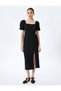 Square Neckline Short Balloon Sleeves Tie Detail at the Back Midi Dress Bürümcük - 2