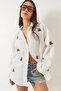 Women's Ecru Teddy Embroidered Oversize Cotton Shirt with Elastic Sleeves 2060 60283011