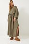 Women's Khaki Bat Sleeve Cropped Elastic Waist Slit Detail Skirted Muslin Suit 9280 60281002 - 2