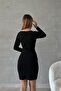 Black Square Collar Long Sleeve Slit Detail Imported Crepe Fabric Dress - 5