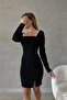 Black Square Collar Long Sleeve Slit Detail Imported Crepe Fabric Dress - 2