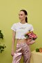 Women's Ecru Floral Printed Short Sleeve T-Shirt with Ruffled Hem
