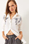 Women's White Stone Embroidered Bow Detailed Aerobin Oversize Shirt 60283022 - 3