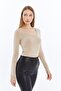 Women's Cream Crew Neck Long Sleeve Crop Blouse - 3