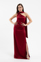 Women's Burgundy Scarf Collar Slit Long Satin Evening Dress - 2