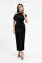 Women's Black Slim Fit Degaje Collar Slit Satin Midi Dress - 2