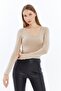 Women's Cream Crew Neck Long Sleeve Crop Blouse