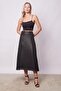Women's Patterned Chiffon Lined High Waist Belted Midi Length Below Knee Long Bell Skirt-Gold Line
