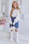 Girl's White Chiffon Shirt with Lace and Stone Embellishing Collar and Striped Denim Skirt Set - 3