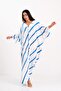 Women's Blue Striped V-Neck Back Parrot Patterned Bat Sleeve Oversize Long Dress - 8