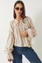 Women's Beige Tie-Detail Balloon Sleeve Casual Seersucker Blouse 252 60282002 - 4