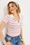 Polo Neck Striped Crop Blouse Pink