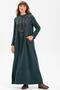 Long Sleeve Sude Embroidered Flannel Long Autumn and Winter Dress Petrol Ptrl