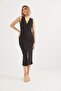 V Detailed Front Slit Slim Ribbed Dress Black - 4