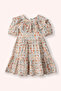 Girl's Floral Patterned Ecru Dress with Collar Detail