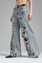 Women's Denim Color Ripped Detailed Belted Design Palazzo Jean - 6