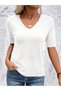 Lycra V-Neck Stretchy Short Sleeve Knitwear White Blouse - 3