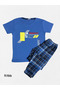 Boy's 100% Cotton Interference Patterned Six Plaid Blue Short Sleeve Seasonal Pajamas - 2