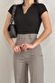 Women's Stretchy Knitwear Fabric V-Neck Short Sleeve Basic Black Blouse 0271 - 5
