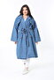 Women's Large Size Navy Blue Denim Fabric Front Buttoned Side Pocket Windbreaker Trench Coat 65N38881