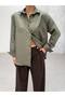 Khaki Striped Buttoned Long Sleeve Shirt with Stones