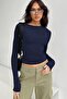 Navy Blue Crew Neck Basic Long Sleeve Bodysuit