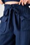 Muslin Fabric 100% Cotton High Waist Front Cargo Pocket Trousers - Navy Blue - 7