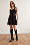 Women's Black U Neck Piece Trend Mini Flared Dress Elb- 19002349 - 3