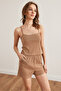 Women's Camel Top Strap Blouse Bottom Pocket Shorts Pajama Set Pjm-00000021 - 5