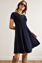 Women's Navy Blue Pieced Trend Mini Flared Dress Elb-19002348 - 4