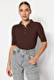 Kahverengi Basic Polo Yaka T-Shirt Görünümlü Triko İnce Bluz TWOSS20BZ0112 - 4