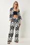 Women's Black and White Patterned Crinkle Summer Kimono Pants Set Zv00271 - 3