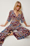 Women's Burgundy Orange Patterned Crop Blouse Trousers Set Zv00270