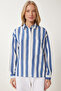 Women's Bone Indigo Blue Striped Woven Shirt Ay00039 - 4