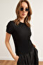 Women's Black Crew Neck Short Sleeve Pleated Blouse Blz- 19002892 - 4