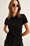 Women's Black Crew Neck Short Sleeve Pleated Blouse Blz- 19002892 - 3