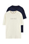 Lacivert-Bej Oversize/Geniş Kesim 2'li Paket Yazı Baskılı-Düz %100 Pamuk T-Shirt TMNSS25TS00215 - 13
