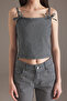 Dark Blue Striped Ribbon/ Bow Detail Thin Strap Denim Blouse Twoss25Bz00480 - 3